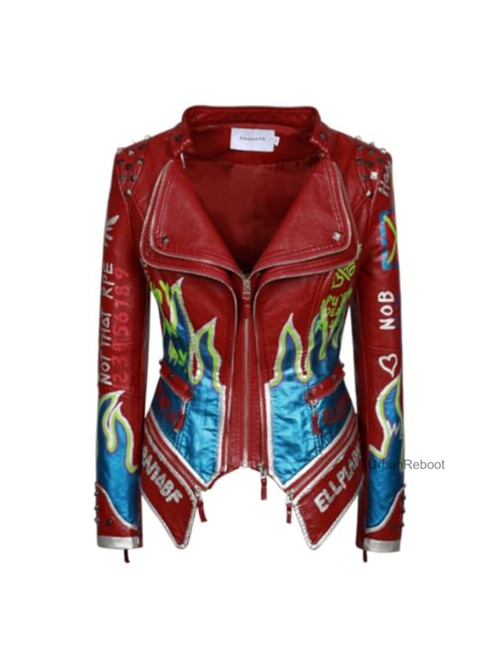 Faux Leather Graffiti Punk Motorcycle Jacket with Rivets